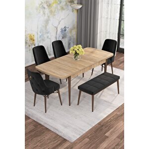 Arven Serisi 80x132 Açılabilir Mdf Atlantik Çam Mutfak Masa Takımı 4 Sandalye 1 Bench Siyah