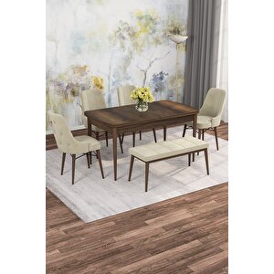 Arven Serisi 80x132 Açılabilir Mdf Barok Ahşap Desen Mutfak Masa Takımı 4 Sandalye 1 Bench