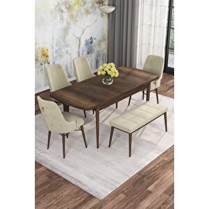 Arven Serisi 80x132 Açılabilir Mdf Barok Ahşap Desen Mutfak Masa Takımı 4 Sandalye 1 Bench