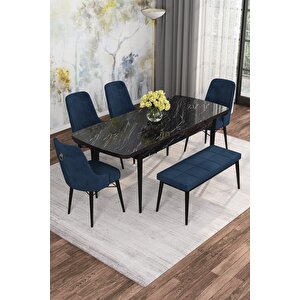 Arven Serisi 80x132 Açılabilir Mdf Siyah Mermer Desen Mutfak Masa Takımı 4 Sandalye 1 Bench