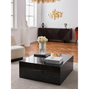 Most Lignum Mermer Görünümlü %100 Mdf Siyah Orta Sehpa 80x80 Cm. (evinize Teslim) Parlak Siyah