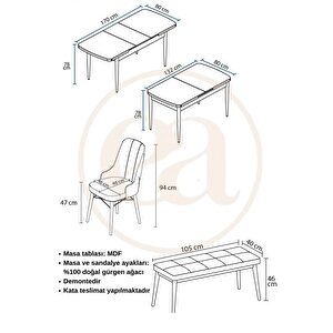 Arven Serisi 80x132 Açılabilir Mdf Atlantik Çam Mutfak Masa Takımı 4 Sandalye 1 Bench