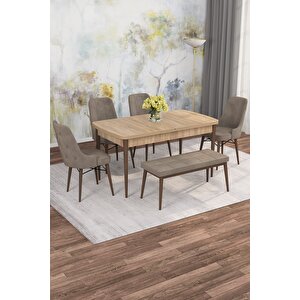 Arven Serisi 80x132 Açılabilir Mdf Atlantik Çam Mutfak Masa Takımı 4 Sandalye 1 Bench