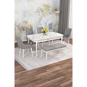 Arven Serisi 80x132 Açılabilir Mdf Beyaz Mermer Desen Mutfak Masa Takımı 4 Sandalye 1 Bench