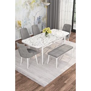 Arven Serisi 80x132 Açılabilir Mdf Beyaz Mermer Desen Mutfak Masa Takımı 4 Sandalye 1 Bench