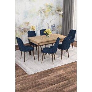 Arven Serisi 80x132 Açılabilir Mdf Atlantik Çam Mutfak Masa Takımı 6 Sandalye Lacivert