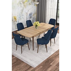 Arven Serisi 80x132 Açılabilir Mdf Atlantik Çam Mutfak Masa Takımı 6 Sandalye Lacivert