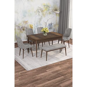 Arven Serisi 80x132 Açılabilir Mdf Barok Ahşap Desen Mutfak Masa Takımı 4 Sandalye 1 Bench Gri