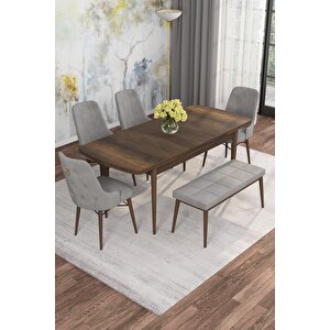 Arven Serisi 80x132 Açılabilir Mdf Barok Ahşap Desen Mutfak Masa Takımı 4 Sandalye 1 Bench Gri
