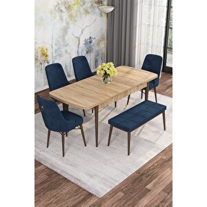 Arven Serisi 80x132 Açılabilir Mdf Atlantik Çam Mutfak Masa Takımı 4 Sandalye 1 Bench Lacivert