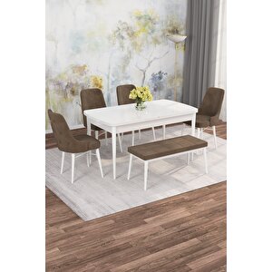 Arven Serisi 80x132 Açılabilir Mdf Beyaz Mutfak Masa Takımı 4 Sandalye 1 Bench Kahveregi