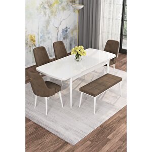 Arven Serisi 80x132 Açılabilir Mdf Beyaz Mutfak Masa Takımı 4 Sandalye 1 Bench Kahveregi
