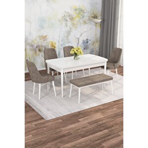 Arven Serisi 80x132 Açılabilir Mdf Beyaz Mutfak Masa Takımı 4 Sandalye 1 Bench