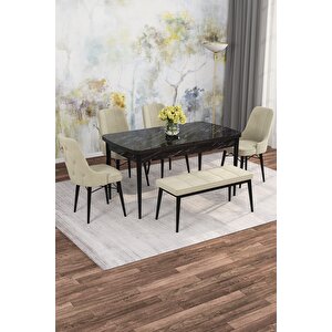 Arven Serisi 80x132 Açılabilir Mdf Siyah Mermer Desen Mutfak Masa Takımı 4 Sandalye 1 Bench Krem