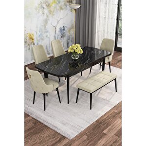 Arven Serisi 80x132 Açılabilir Mdf Siyah Mermer Desen Mutfak Masa Takımı 4 Sandalye 1 Bench Krem