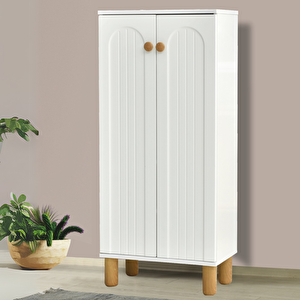 Lidya 2 Kapaklı Raflı Ayakkabılık – Beyaz Renkli Modern Çizgili Model | 60x34x135 Cm