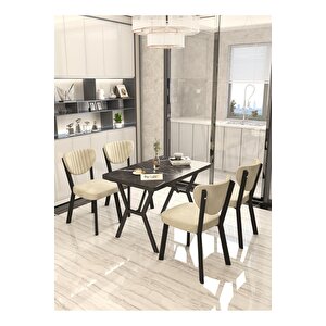 Aras 70x110cm Siyah Mutfak Masası, Mutfak Masası Takımı, Yemek Masası, 4 Krem Sandalye