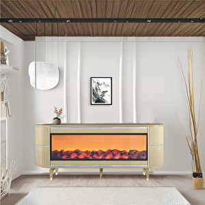 Dekoratif Şömineli Tv Sehpası Uygulamalı 7 Renk Hoparlörlü Cappuccino Gümüş Detaylı 160x67x40 Cm