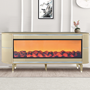 Dekoratif Şömineli Tv Sehpası Uygulamalı 7 Renk Hoparlörlü Cappuccino Gümüş Detaylı 160x67x40 Cm