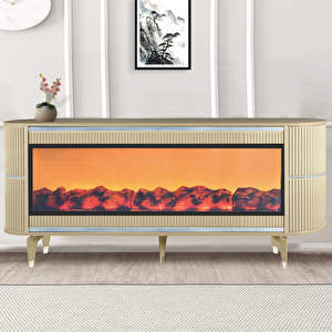 Dekoratif Şömineli Tv Sehpası Uygulamalı 7 Renk Hoparlörlü Cappuccino Gümüş Detaylı 160x67x40 Cm