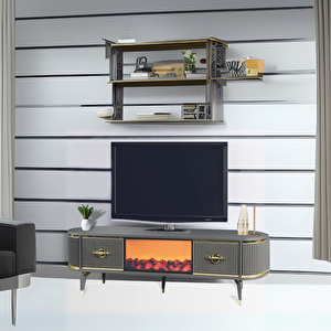Maya Şömineli Tv Sehpası Antrasit Gold Şeritli Oval Tasarım Alev Efektli 2 Çekmeceli 180x40x53 Cm