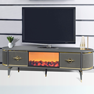 Maya Şömineli Tv Sehpası Antrasit Gold Şeritli Oval Tasarım Alev Efektli 2 Çekmeceli 180x40x53 Cm