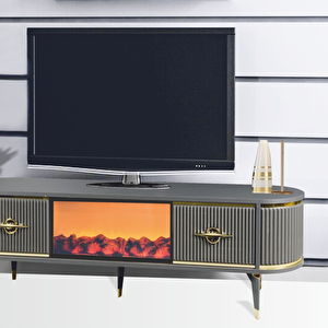 Maya Şömineli Tv Sehpası Antrasit Gold Şeritli Oval Tasarım Alev Efektli 2 Çekmeceli 180x40x53 Cm