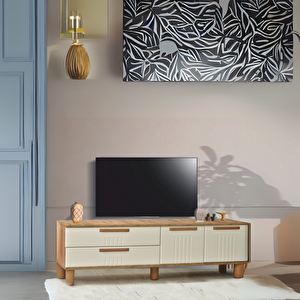 Dia Tv Sehpası 2 Kapaklı Ve 2 Çekmeceli Tasarım Atlantik Çam Krem - 160x35x52 Cm