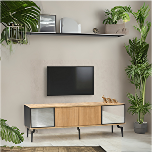 Viva Camlı Tv Sehpası - Atlantik Çam Mebran 4 Kapaklı Özel Cam Panelli Modern Tasarım 160x36x53 Cm