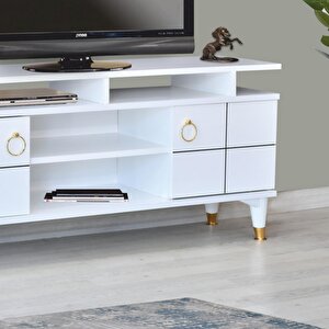 Mega Tv Sehpası Beyaz 2 Kapaklı Raflı Gold Detaylı Sehpa 130x36x59 Cm
