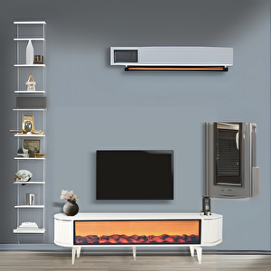 Talia Şömineli Tv Sehpası Beyaz Gümüş Mebran Bluetooth Hoparlörlü 7 Renk Efektli 160x40x50 Cm