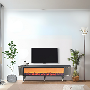 Talia Şömineli Tv Sehpası Antrasit Gümüş Mebran Oval 7 Renk Efektli Uygulamalı 160x40x50 Cm