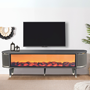 Talia Şömineli Tv Sehpası Antrasit Gümüş Mebran Oval 7 Renk Efektli Uygulamalı 160x40x50 Cm