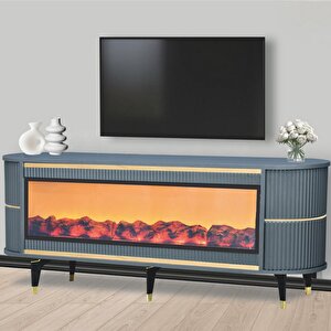Dekoratif Şömineli Tv Sehpası Uygulamalı 7 Renk Hoparlörlü Antrasit Gold Detayılı 160x67x40 Cm
