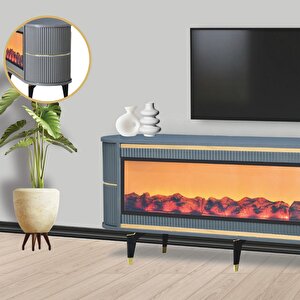 Dekoratif Şömineli Tv Sehpası Uygulamalı 7 Renk Hoparlörlü Antrasit Gold Detayılı 160x67x40 Cm