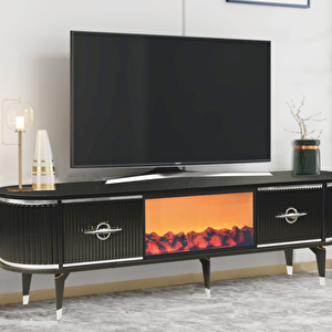Maya Şömineli Tv Sehpası Siyah Gümüş Şeritli Mebran Kapaklı Oval Tasarım 180x40x50 Cm