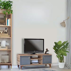 Eva Tv Sehpası Atlantik Çam Antrasit Gold Detaylı 2 Kapaklı Açık Raflı 130x50x36 Cm