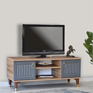 Eva Tv Sehpası Atlantik Çam Antrasit Gold Detaylı 2 Kapaklı Açık Raflı 130x50x36 Cm