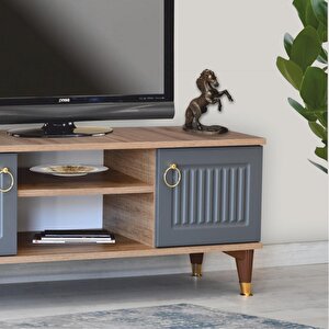 Eva Tv Sehpası Atlantik Çam Antrasit Gold Detaylı 2 Kapaklı Açık Raflı 130x50x36 Cm