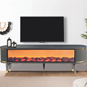 Talia Şömineli Tv Sehpası Antrasit Gold Mebran Bluetooth Hoparlörlü 7 Renk Efektli 160x40x50 Cm