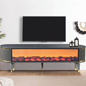 Talia Şömineli Tv Sehpası Antrasit Gold Mebran Bluetooth Hoparlörlü 7 Renk Efektli 160x40x50 Cm