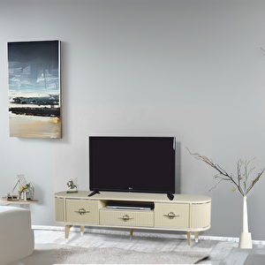 Duru Tv Sehpası Cappuccino Gümüş 2 Kapaklı 1 Çekmeceli Mebran Kapaklı Oval Tasarım 180x40x50 Cm