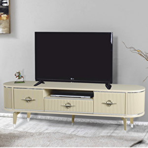 Duru Tv Sehpası Cappuccino Gümüş 2 Kapaklı 1 Çekmeceli Mebran Kapaklı Oval Tasarım 180x40x50 Cm
