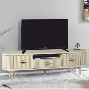Duru Tv Sehpası Cappuccino Gümüş 2 Kapaklı 1 Çekmeceli Mebran Kapaklı Oval Tasarım 180x40x50 Cm