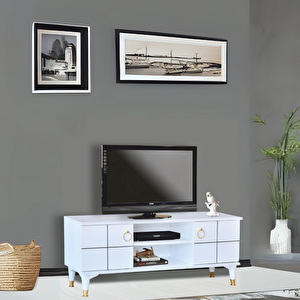 Lena Tv Sehpası Beyaz 2 Kapaklı Gold Halkalı Kulplu Yerden Yüksek 130x36x50 Cm