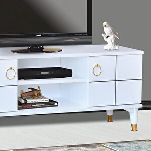 Lena Tv Sehpası Beyaz 2 Kapaklı Gold Halkalı Kulplu Yerden Yüksek 130x36x50 Cm