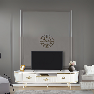 Duru Tv Sehpası Beyaz Gold 2 Kapaklı 1 Çekmeceli Oval Detaylı Sehpa 180x40x53 Cm