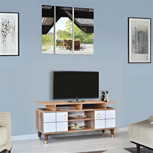 Mega Tv Sehpası Atlantik Çam Beyaz Kapaklı Raflı Gold Detaylı Sehpa 130x36x59 Cm