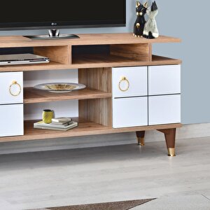 Mega Tv Sehpası Atlantik Çam Beyaz Kapaklı Raflı Gold Detaylı Sehpa 130x36x59 Cm