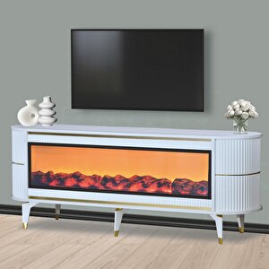 Dekoratif Şömineli Tv Sehpası Uygulamalı 7 Renk Hoparlörlü Beyaz Altın Detaylı160x67x40 Cm